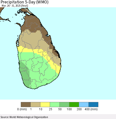 Sri Lanka Precipitation 5-Day (WMO) Thematic Map For 3/26/2025 - 3/31/2025