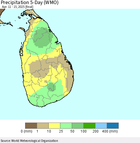 Sri Lanka Precipitation 5-Day (WMO) Thematic Map For 4/11/2025 - 4/15/2025