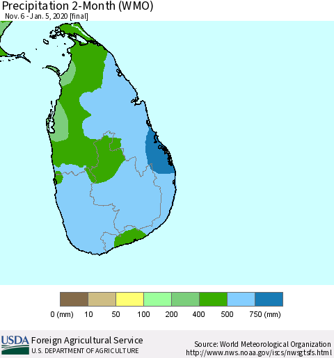 Sri Lanka Precipitation 2-Month (WMO) Thematic Map For 11/6/2019 - 1/5/2020