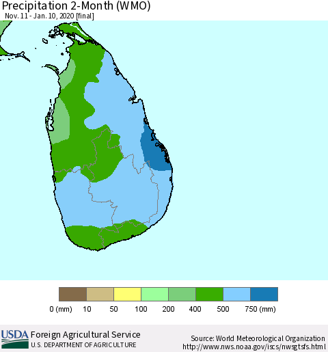 Sri Lanka Precipitation 2-Month (WMO) Thematic Map For 11/11/2019 - 1/10/2020