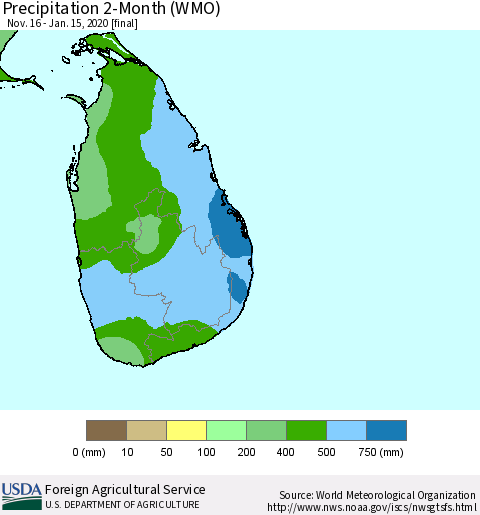 Sri Lanka Precipitation 2-Month (WMO) Thematic Map For 11/16/2019 - 1/15/2020