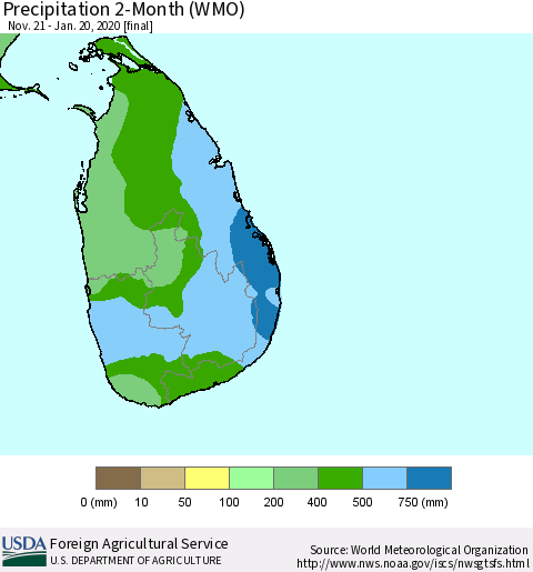 Sri Lanka Precipitation 2-Month (WMO) Thematic Map For 11/21/2019 - 1/20/2020