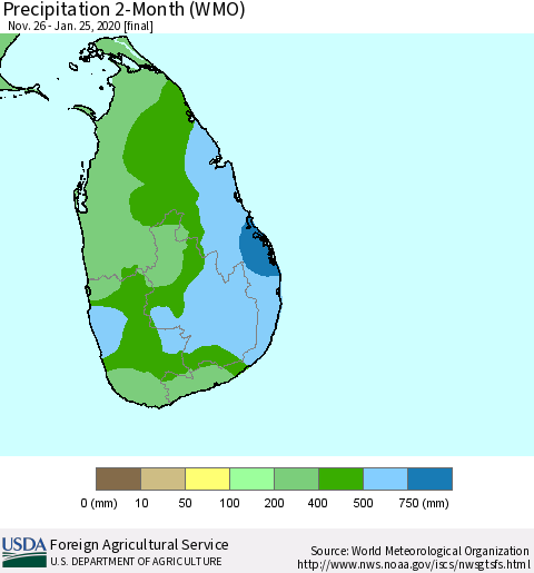 Sri Lanka Precipitation 2-Month (WMO) Thematic Map For 11/26/2019 - 1/25/2020