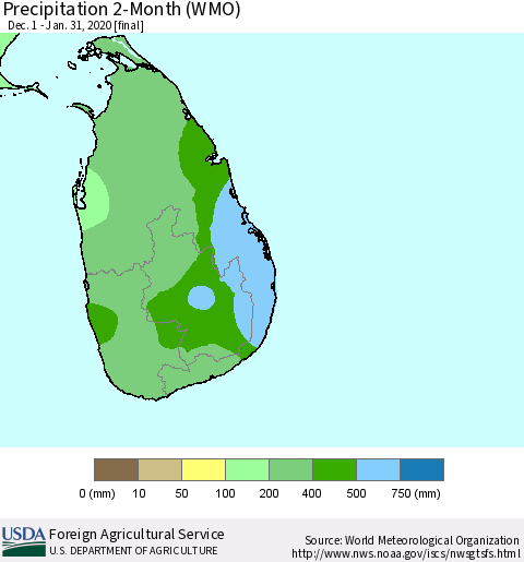 Sri Lanka Precipitation 2-Month (WMO) Thematic Map For 12/1/2019 - 1/31/2020