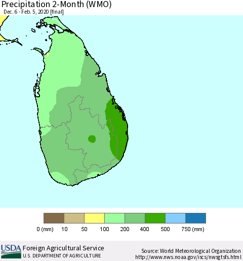 Sri Lanka Precipitation 2-Month (WMO) Thematic Map For 12/6/2019 - 2/5/2020