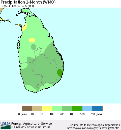 Sri Lanka Precipitation 2-Month (WMO) Thematic Map For 12/11/2019 - 2/10/2020