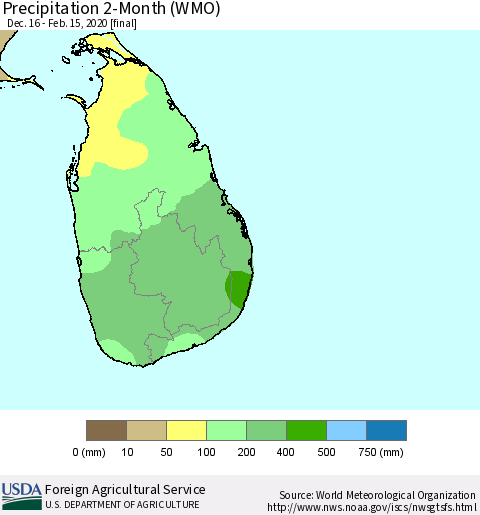 Sri Lanka Precipitation 2-Month (WMO) Thematic Map For 12/16/2019 - 2/15/2020
