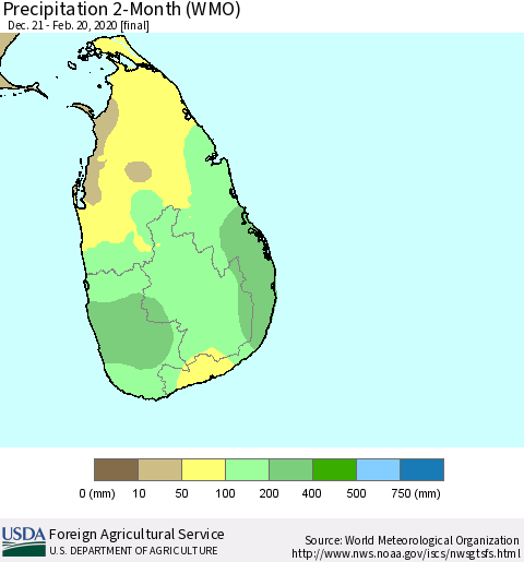 Sri Lanka Precipitation 2-Month (WMO) Thematic Map For 12/21/2019 - 2/20/2020
