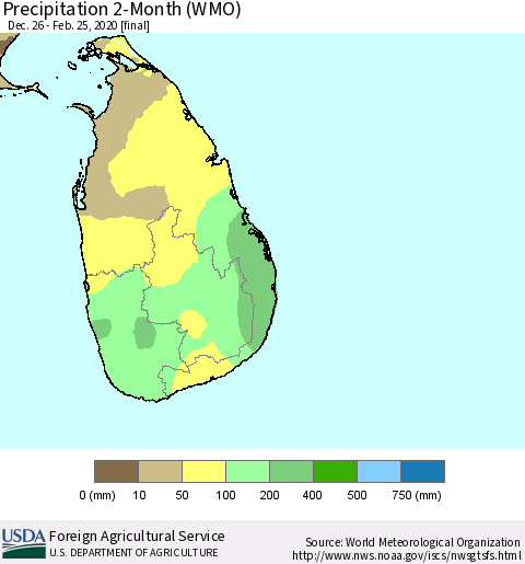 Sri Lanka Precipitation 2-Month (WMO) Thematic Map For 12/26/2019 - 2/25/2020