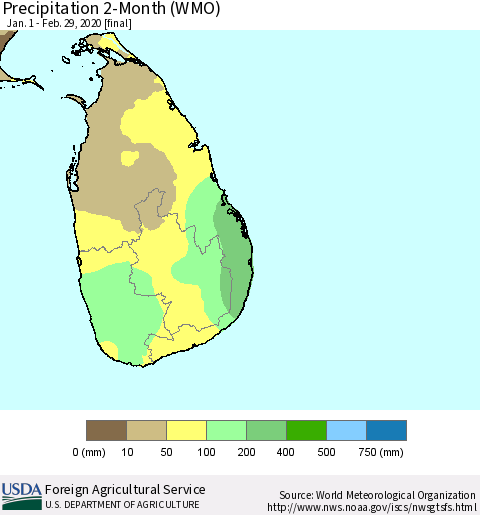 Sri Lanka Precipitation 2-Month (WMO) Thematic Map For 1/1/2020 - 2/29/2020