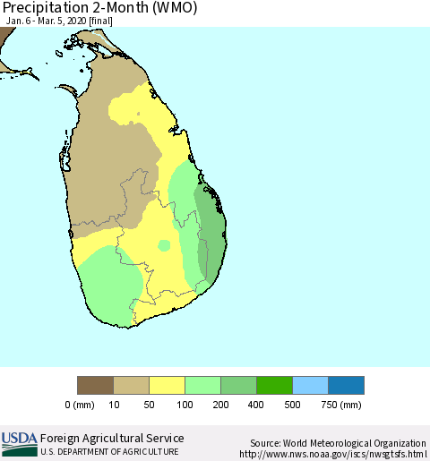 Sri Lanka Precipitation 2-Month (WMO) Thematic Map For 1/6/2020 - 3/5/2020