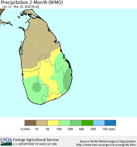 Sri Lanka Precipitation 2-Month (WMO) Thematic Map For 1/11/2020 - 3/10/2020
