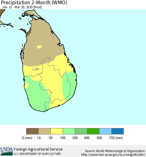 Sri Lanka Precipitation 2-Month (WMO) Thematic Map For 1/21/2020 - 3/20/2020