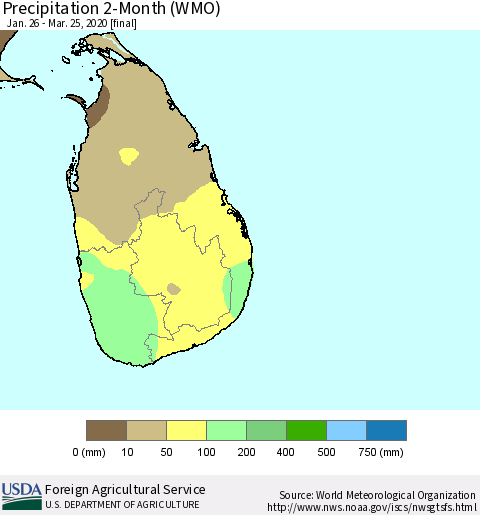 Sri Lanka Precipitation 2-Month (WMO) Thematic Map For 1/26/2020 - 3/25/2020