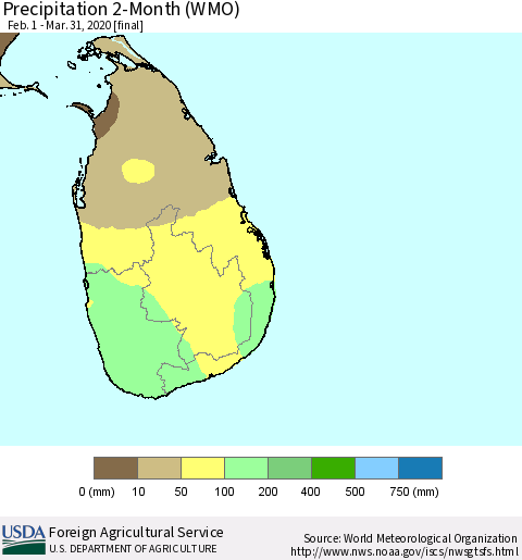 Sri Lanka Precipitation 2-Month (WMO) Thematic Map For 2/1/2020 - 3/31/2020