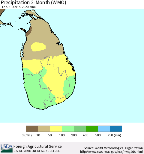 Sri Lanka Precipitation 2-Month (WMO) Thematic Map For 2/6/2020 - 4/5/2020