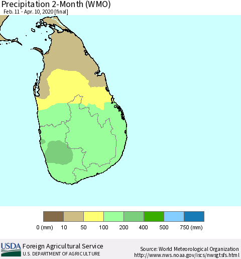 Sri Lanka Precipitation 2-Month (WMO) Thematic Map For 2/11/2020 - 4/10/2020