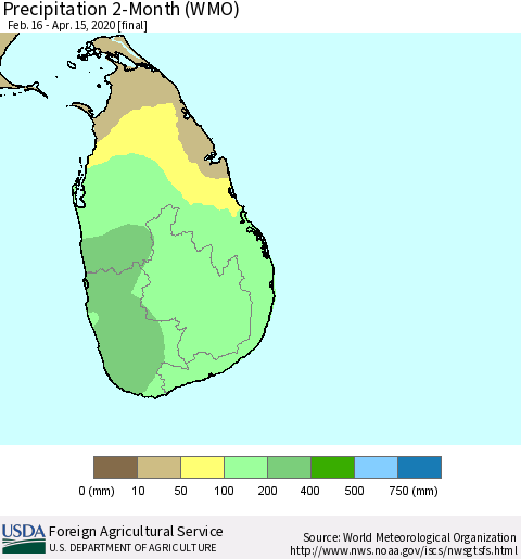 Sri Lanka Precipitation 2-Month (WMO) Thematic Map For 2/16/2020 - 4/15/2020