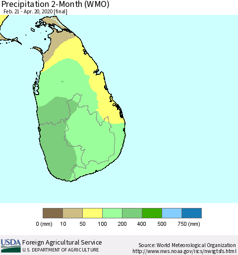 Sri Lanka Precipitation 2-Month (WMO) Thematic Map For 2/21/2020 - 4/20/2020