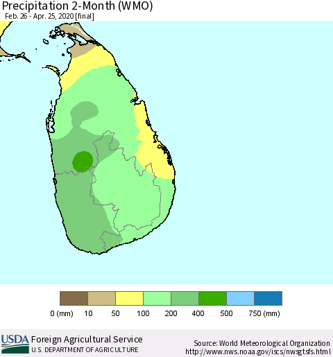 Sri Lanka Precipitation 2-Month (WMO) Thematic Map For 2/26/2020 - 4/25/2020