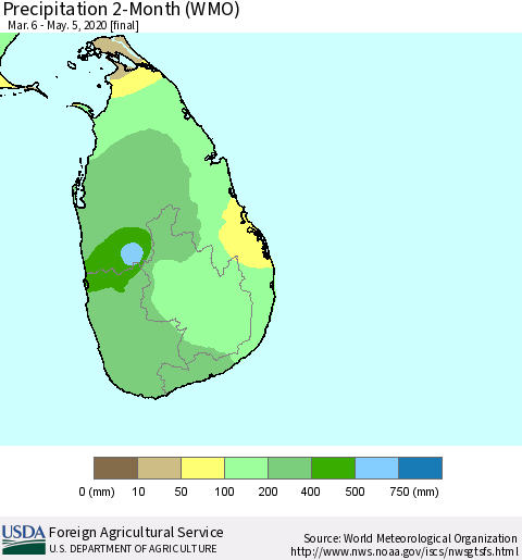 Sri Lanka Precipitation 2-Month (WMO) Thematic Map For 3/6/2020 - 5/5/2020