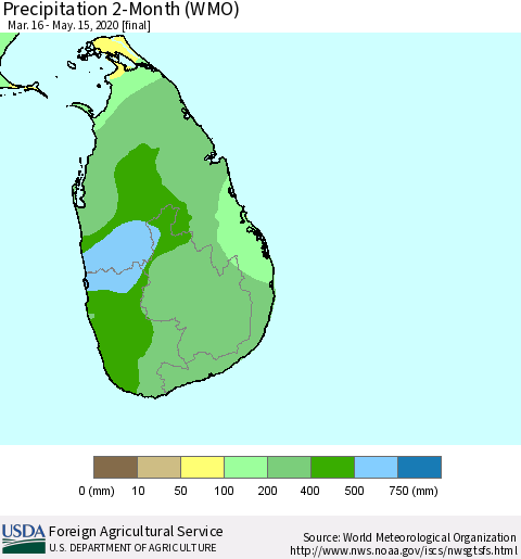 Sri Lanka Precipitation 2-Month (WMO) Thematic Map For 3/16/2020 - 5/15/2020