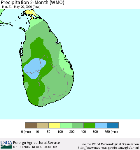 Sri Lanka Precipitation 2-Month (WMO) Thematic Map For 3/21/2020 - 5/20/2020