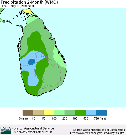 Sri Lanka Precipitation 2-Month (WMO) Thematic Map For 4/1/2020 - 5/31/2020