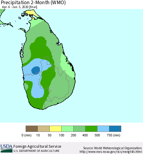 Sri Lanka Precipitation 2-Month (WMO) Thematic Map For 4/6/2020 - 6/5/2020
