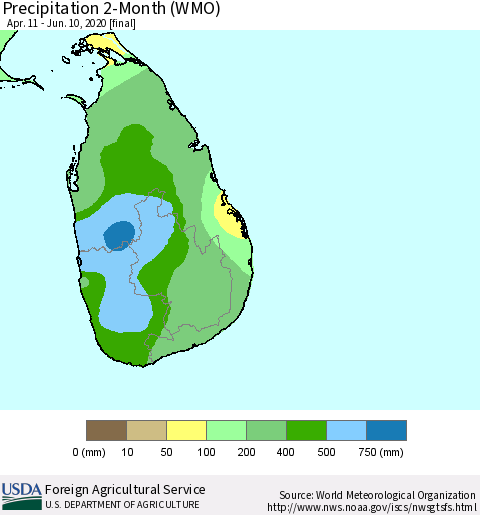 Sri Lanka Precipitation 2-Month (WMO) Thematic Map For 4/11/2020 - 6/10/2020