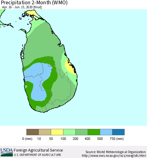 Sri Lanka Precipitation 2-Month (WMO) Thematic Map For 4/16/2020 - 6/15/2020