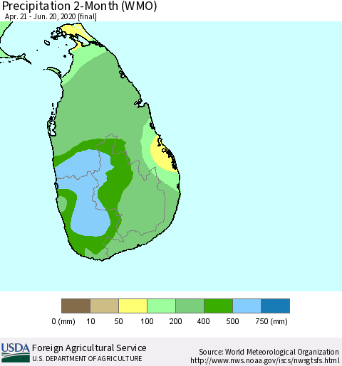Sri Lanka Precipitation 2-Month (WMO) Thematic Map For 4/21/2020 - 6/20/2020