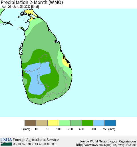 Sri Lanka Precipitation 2-Month (WMO) Thematic Map For 4/26/2020 - 6/25/2020