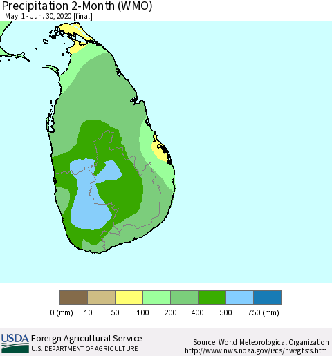 Sri Lanka Precipitation 2-Month (WMO) Thematic Map For 5/1/2020 - 6/30/2020