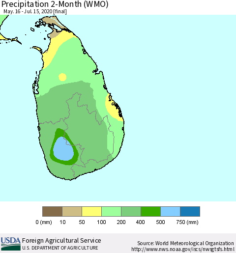 Sri Lanka Precipitation 2-Month (WMO) Thematic Map For 5/16/2020 - 7/15/2020