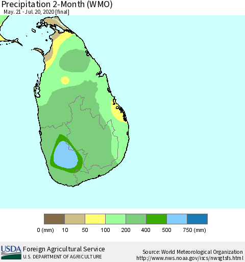 Sri Lanka Precipitation 2-Month (WMO) Thematic Map For 5/21/2020 - 7/20/2020