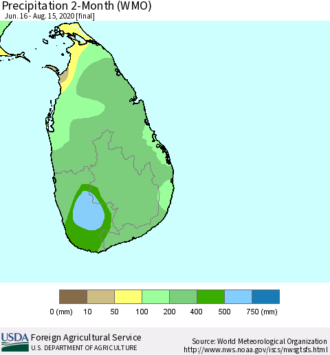 Sri Lanka Precipitation 2-Month (WMO) Thematic Map For 6/16/2020 - 8/15/2020