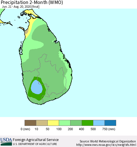Sri Lanka Precipitation 2-Month (WMO) Thematic Map For 6/21/2020 - 8/20/2020
