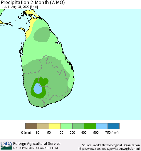 Sri Lanka Precipitation 2-Month (WMO) Thematic Map For 7/1/2020 - 8/31/2020