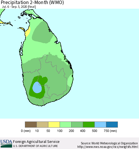 Sri Lanka Precipitation 2-Month (WMO) Thematic Map For 7/6/2020 - 9/5/2020