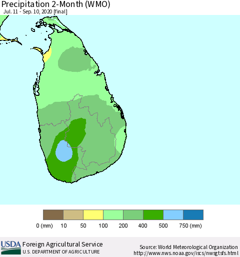 Sri Lanka Precipitation 2-Month (WMO) Thematic Map For 7/11/2020 - 9/10/2020