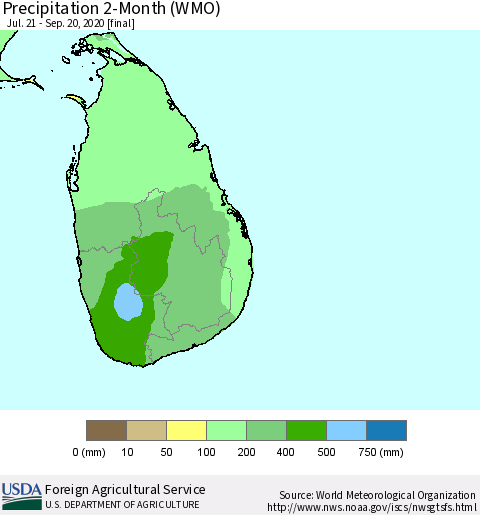 Sri Lanka Precipitation 2-Month (WMO) Thematic Map For 7/21/2020 - 9/20/2020