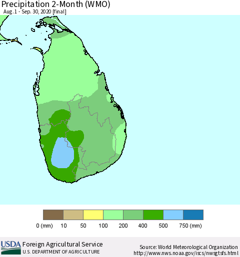 Sri Lanka Precipitation 2-Month (WMO) Thematic Map For 8/1/2020 - 9/30/2020