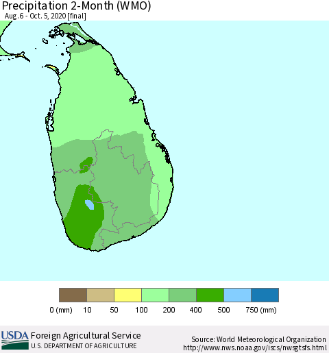 Sri Lanka Precipitation 2-Month (WMO) Thematic Map For 8/6/2020 - 10/5/2020