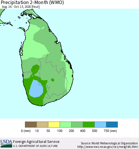 Sri Lanka Precipitation 2-Month (WMO) Thematic Map For 8/16/2020 - 10/15/2020