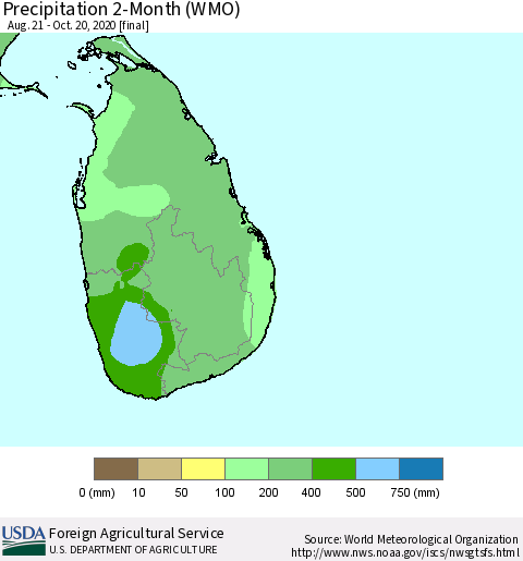 Sri Lanka Precipitation 2-Month (WMO) Thematic Map For 8/21/2020 - 10/20/2020