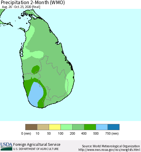 Sri Lanka Precipitation 2-Month (WMO) Thematic Map For 8/26/2020 - 10/25/2020