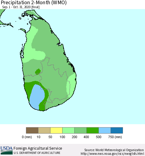 Sri Lanka Precipitation 2-Month (WMO) Thematic Map For 9/1/2020 - 10/31/2020