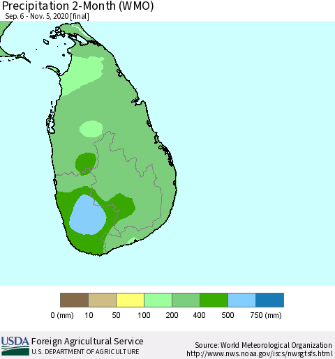 Sri Lanka Precipitation 2-Month (WMO) Thematic Map For 9/6/2020 - 11/5/2020