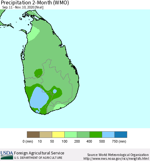 Sri Lanka Precipitation 2-Month (WMO) Thematic Map For 9/11/2020 - 11/10/2020